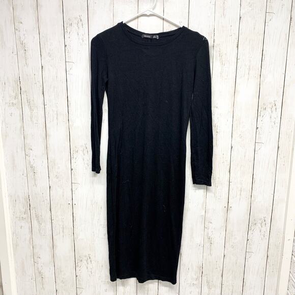 Bershka Dress Women Size Small Crewneck Long Sleeve Midi Black Evening Business - Picture 1 of 5
